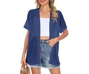 AUSELILY Women's Summer Cardigan Beach Short Sleeve Lightweight Breathable Cover Up Soft Open Front Cardigans Navy Blue XL