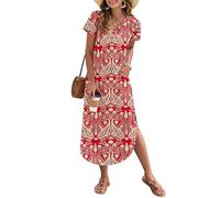 AUSELILY Women's Summer Casual Maxi Dress Short Sleeves V Neck Loose Sundress Split Long Beach Shirt Dress Vacation Boho Floral Red M