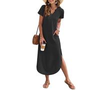 AUSELILY Women's Summer Casual Maxi Dress Short Sleeves V Neck Loose Sundress Split Long Beach Shirt Dress Vacation Black XL