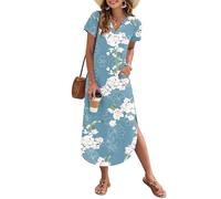 AUSELILY Women's Summer Casual Maxi Dress Short Sleeves V Neck Loose Sundress Split Long Beach Shirt Dress Vacation Floral Light Blue M