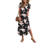 AUSELILY Women's Summer Casual Maxi Dress Short Sleeves V Neck Loose Sundress Split Long Beach Shirt Dress Vacation Morning Glory L