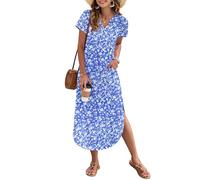 AUSELILY Women's Summer Casual Maxi Dress Short Sleeves V Neck Loose Sundress Split Long Beach Shirt Dress Vacation Blue Ditsy Print L
