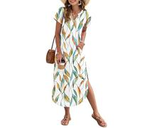AUSELILY Women's Summer Casual Maxi Dress Short Sleeves V Neck Loose Sundress Split Long Beach Shirt Dress Vacation Ombre Foliage Print M