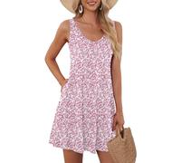 AUSELILY Women's Summer Casual Swing Sleeveless V Neck T-Shirt Dresses with Pockets Pink Tiny Flower 2XL