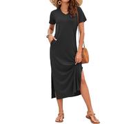 AUSELILY Women's Summer Dress - Black Maxi Dress with Pockets, V-Neck, Short Sleeve, A-Line, Polyester, Spandex, S, UK 8-10