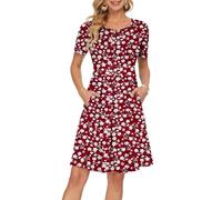 AUSELILY Womens Summer Dress Casual Bodycon Short Sleeve Pleated Loose Swing Casual Dress with Pockets Knee Length Red Flowers S