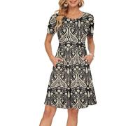 AUSELILY Womens Summer Dress Casual Bodycon Short Sleeve Pleated Loose Swing Casual Dress with Pockets Knee Length Boho Floral Black 2XL