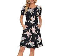 AUSELILY Womens Summer Dress Casual Bodycon Short Sleeve Pleated Loose Swing Casual Dress with Pockets Knee Length Morning Glory 2XL