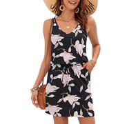 AUSELILY Women's Summer Dress Casual Sleeveless Sundress Beach Swing Drawstring Waist Dress with Pockets Morning Glory S