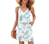 AUSELILY Women's Summer Dress Casual Sleeveless Sundress Beach Swing Drawstring Waist Dress with Pockets White Willow Leaf L