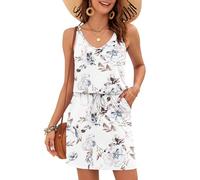 AUSELILY Women's Summer Dress Casual Sleeveless Sundress Beach Swing Drawstring Waist Dress with Pockets White Flowers M
