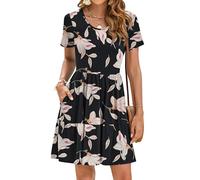 AUSELILY Women's Summer Dress Pleated Knee Length Casual Dress Ladies Short Sleeve T-Shirt Dresses with Pockets Morning Glory L