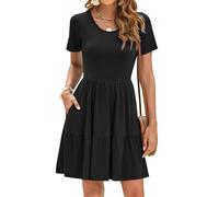 AUSELILY Women's Summer Dress Pleated Knee Length Casual Dress Ladies Short Sleeve T-Shirt Dresses with Pockets Blue Spot M