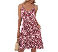 AUSELILY Womens Summer Dress V Neck Casual Beach Spaghetti Strap Dresses for Women UK with Pockets Red Flowers S