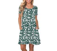 AUSELILY Women's Summer Dresses Casual T-Shirt Short Sleeve Dress Loose Swing Short Dress with Pockets, Green Daisy S