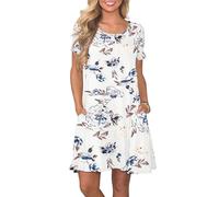 AUSELILY Women's Summer Dresses Casual T-Shirt Short Sleeve Dress Loose Swing Short Dress with Pockets, Floral White L
