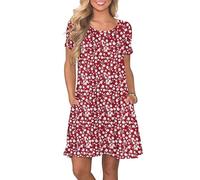 AUSELILY Women's Summer Dresses Casual T-Shirt Short Sleeve Dress Loose Swing Short Dress with Pockets, Floral Red L
