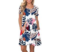 AUSELILY Women's Summer Dresses Casual T-Shirt Short Sleeve Dress Loose Swing Short Dress with Pockets, Blue Plantain S