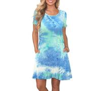 AUSELILY Women's Summer Dresses Casual T-Shirt Short Sleeve Dress Loose Swing Short Dress with Pockets, Dyed Blue Green White M