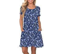 AUSELILY Women's Summer Dresses Casual T-Shirt Short Sleeve Dress Loose Swing Short Dress with Pockets, Blue Print Flowers S