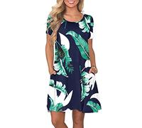 AUSELILY Women's Summer Dresses Casual T-Shirt Short Sleeve Dress Loose Swing Short Dress with Pockets, Print Blue L