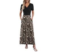 AUSELILY Womens Summer Dresses V Neck Short Sleeve Maxi Dress with Pockets Wedding Guest Dresses Black & Leopard S