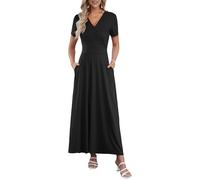AUSELILY Womens Summer Dresses V Neck Short Sleeve Maxi Dress with Pockets Wedding Guest Dresses Black S