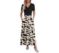AUSELILY Womens Summer Dresses V Neck Short Sleeve Maxi Dress with Pockets Wedding Guest Dresses Black & Apricot Black Leaves 3XL