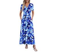 AUSELILY Womens Summer Dresses V Neck Short Sleeve Maxi Dress with Pockets Wedding Guest Dresses Ink Blue 2XL
