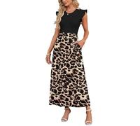 AUSELILY Women's Summer Elegant Ruffle Short Sleeve Crewneck Maxi Dress for Club Party Black Leopard Print Casual Long Dresses with Pockets L