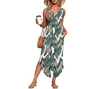 AUSELILY Womens Summer Maxi Dress Halter Sleeveless Beach Sun Coverup Tank Holiday Split Dress with Pockets Leaf Print L