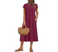 AUSELILY Women's Summer Short Sleeve Knee Length Dresses Basic Shift Midi Dress with Pockets, Wine Red S