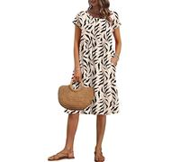 AUSELILY Women's Summer Short Sleeve Knee-Length Dresses Round Neck Loose Dress with Pockets Apricot Black Leaf L