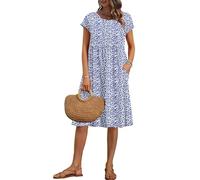 AUSELILY Women's Summer Short Sleeve Knee-Length Dresses Round Neck Loose Dress with Pockets Blue Flower XXL