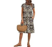 AUSELILY Women's Summer Short Sleeve Knee-Length Dresses Round Neck Loose Dress with Pockets Boho Floral Black M