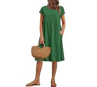 AUSELILY Women's Summer Short Sleeve Knee-Length Dresses Round Neck Loose Dress with Pockets Dark Green M