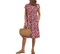 AUSELILY Women's Summer Short Sleeve Knee-Length Dresses Round Neck Loose Dress with Pockets Floral Red L