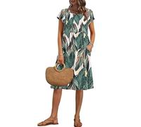 AUSELILY Women's Summer Short Sleeve Knee-Length Dresses Round Neck Loose Dress with Pockets Leaf Print M