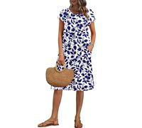 AUSELILY Women's Summer Short Sleeve Knee-Length Dresses Round Neck Loose Dress with Pockets Navy Blue Leaves XL
