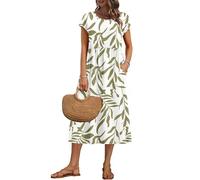 AUSELILY Women's Summer Short Sleeve Loose Dresses Shift Plus Size Midi Dress with Pockets, Beige Brown Leaf 2XL
