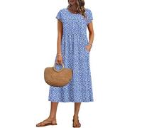 AUSELILY Women's Summer Short Sleeve Midi Dresses A-line Shift Loose Floral Dress with Pockets, Blue Pattern L