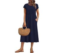 AUSELILY Women's Summer Short Sleeve Midi Dresses Loose Basic Empire Line Dress with Pockets, Navy Blue M