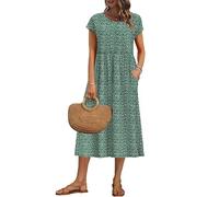 AUSELILY Women's Summer Short Sleeve Midi Dresses Loose Basic Empire Line FloralDress with Pockets, Deep GN Pattern M