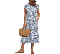 AUSELILY Women's Summer Short Sleeve Midi Dresses Loose Basics Shift Boho Dress with Pockets, National Blue XL