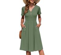 AUSELILY Women's Summer Short Sleeve Midi Dresses V Neck Empire Button Knee Length Dress with Pockets Olive Green L