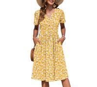 AUSELILY Women's Summer Short Sleeve Midi Dresses V Neck Empire Button Knee Length Dress with Pockets Yellow Florals XL