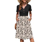 AUSELILY Women's Summer Short Sleeve Midi Dresses V Neck Empire Button Knee Length Dress with Pockets Apricot Black Leaf L