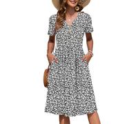 AUSELILY Women's Summer Short Sleeve Midi Dresses V Neck Empire Button Knee Length Dress with Pockets Floral Black White S