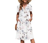 AUSELILY Women's Summer Short Sleeve Midi Dresses V Neck Empire Button Knee Length Dress with Pockets Floral White S
