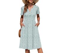 AUSELILY Women's Summer Short Sleeve Midi Dresses V Neck Empire Button Knee Length Dress with Pockets Green Spot XXL